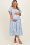 Powder Blue Floral Print Ruffle Hem Maternity Plus Midi Dress
