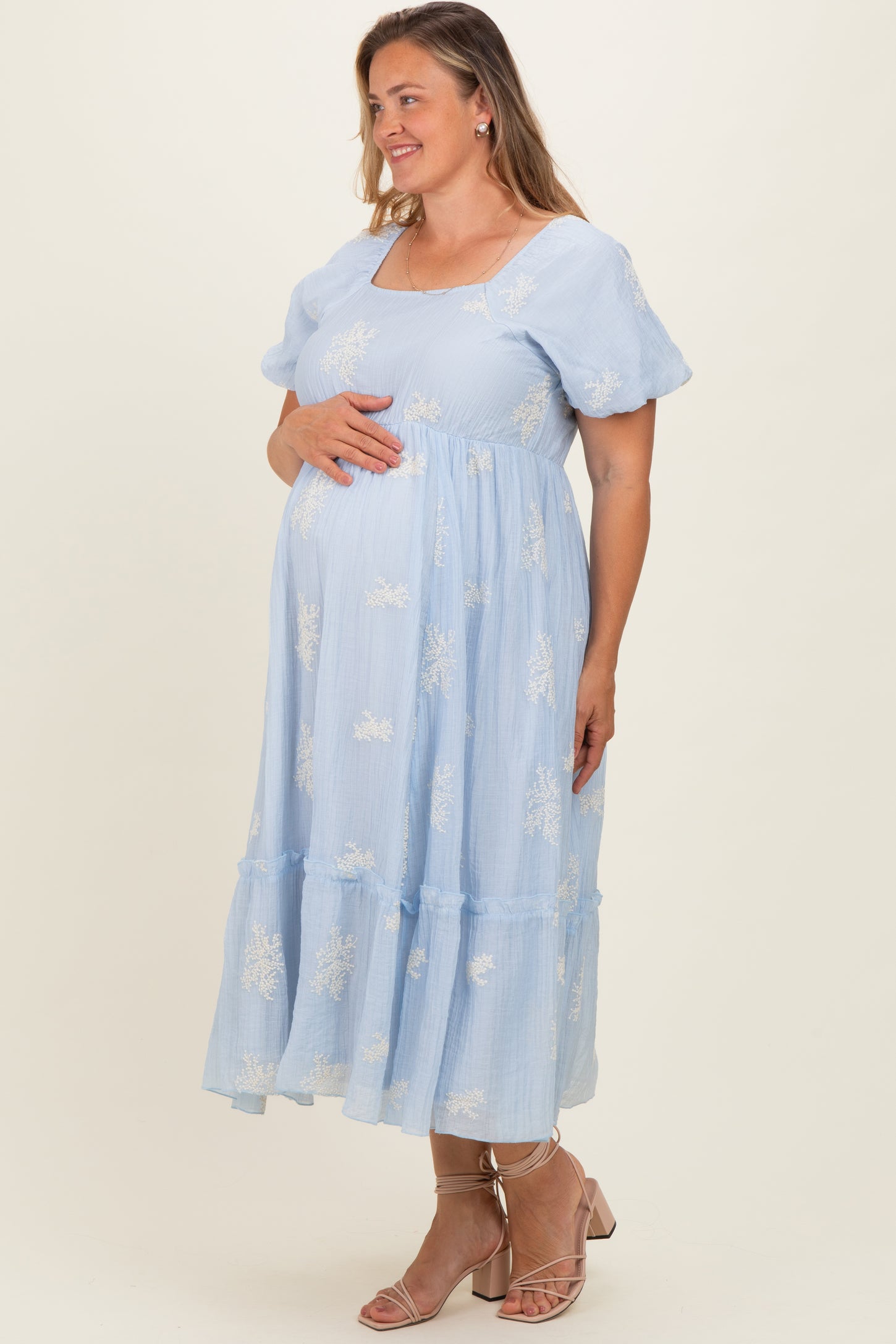 Powder Blue Floral Print Ruffle Hem Maternity Plus Midi Dress