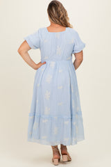 Powder Blue Floral Print Ruffle Hem Maternity Plus Midi Dress