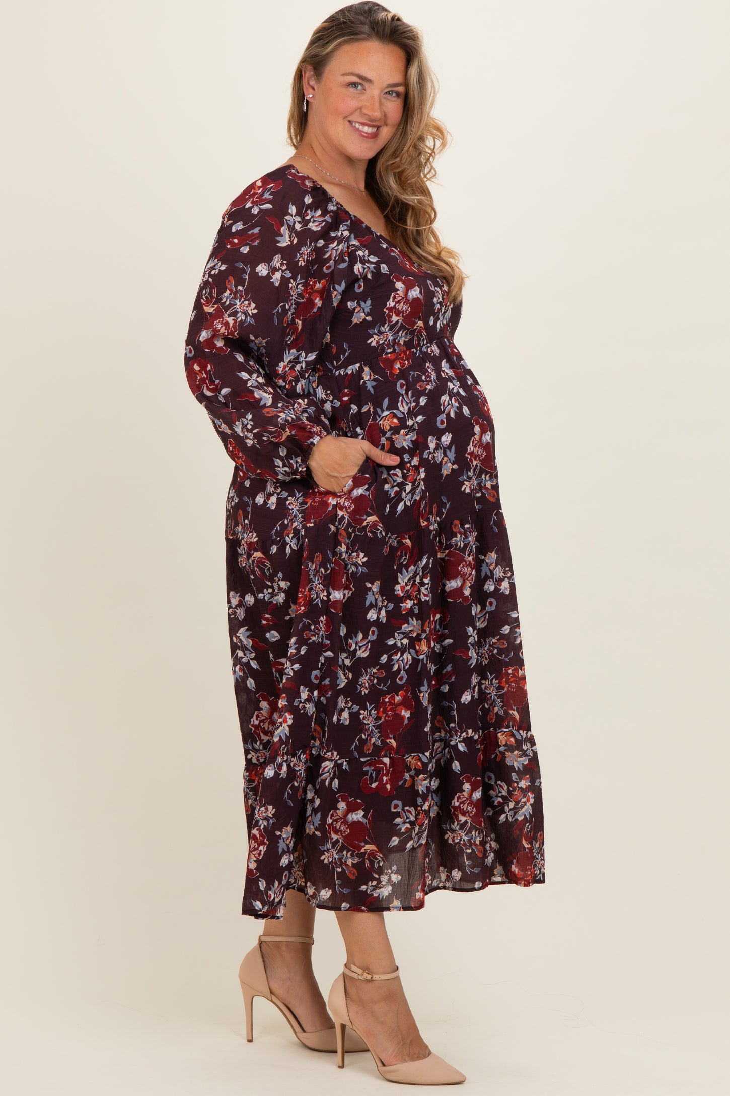 Brown Floral V-Neck Bubble Sleeve Maternity Maxi Dress