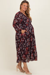 Brown Floral V-Neck Bubble Sleeve Maternity Maxi Dress
