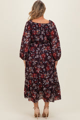 Brown Floral V-Neck Bubble Sleeve Maternity Maxi Dress