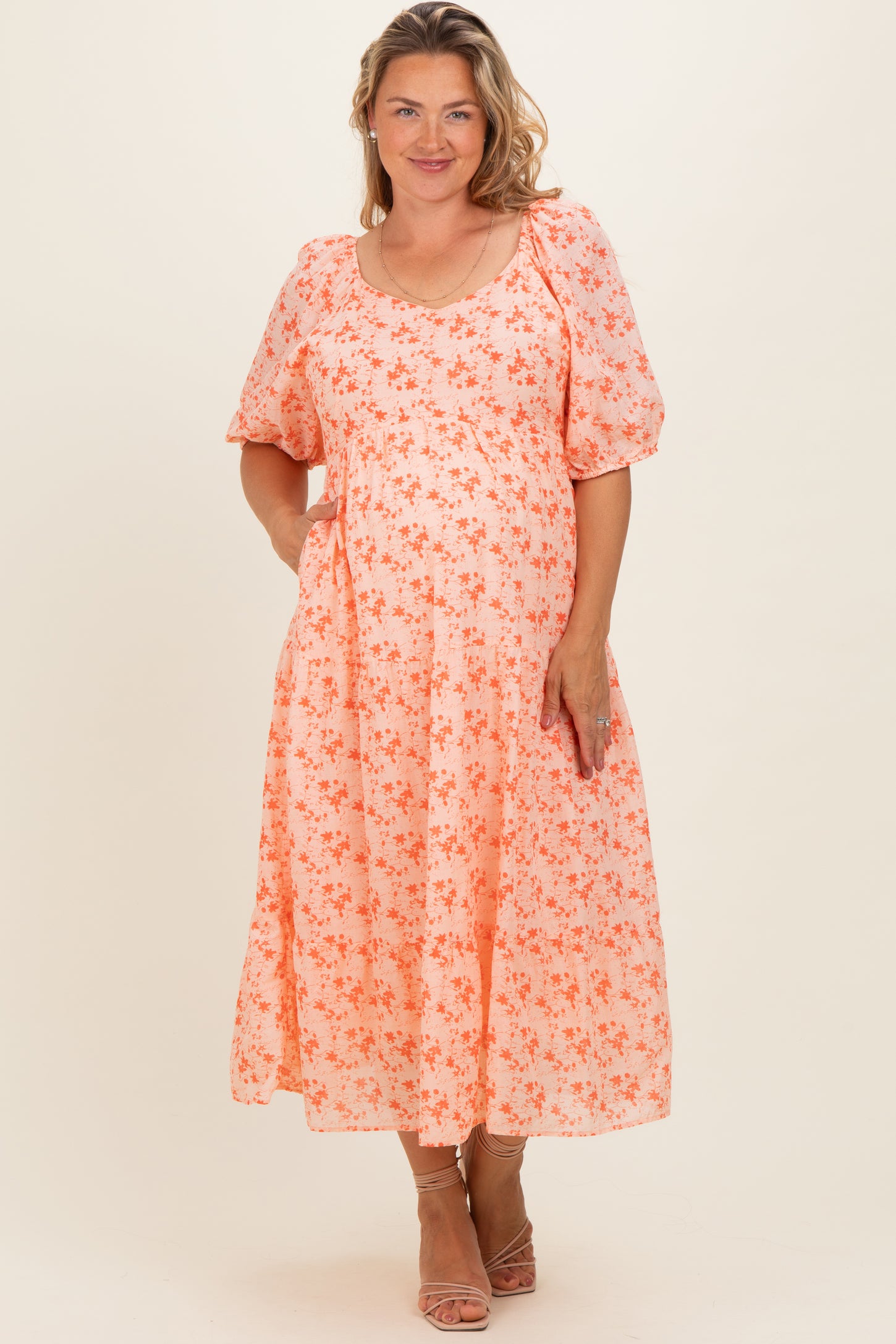 Red Floral V-Neck Tiered Maternity Plus Midi Dress