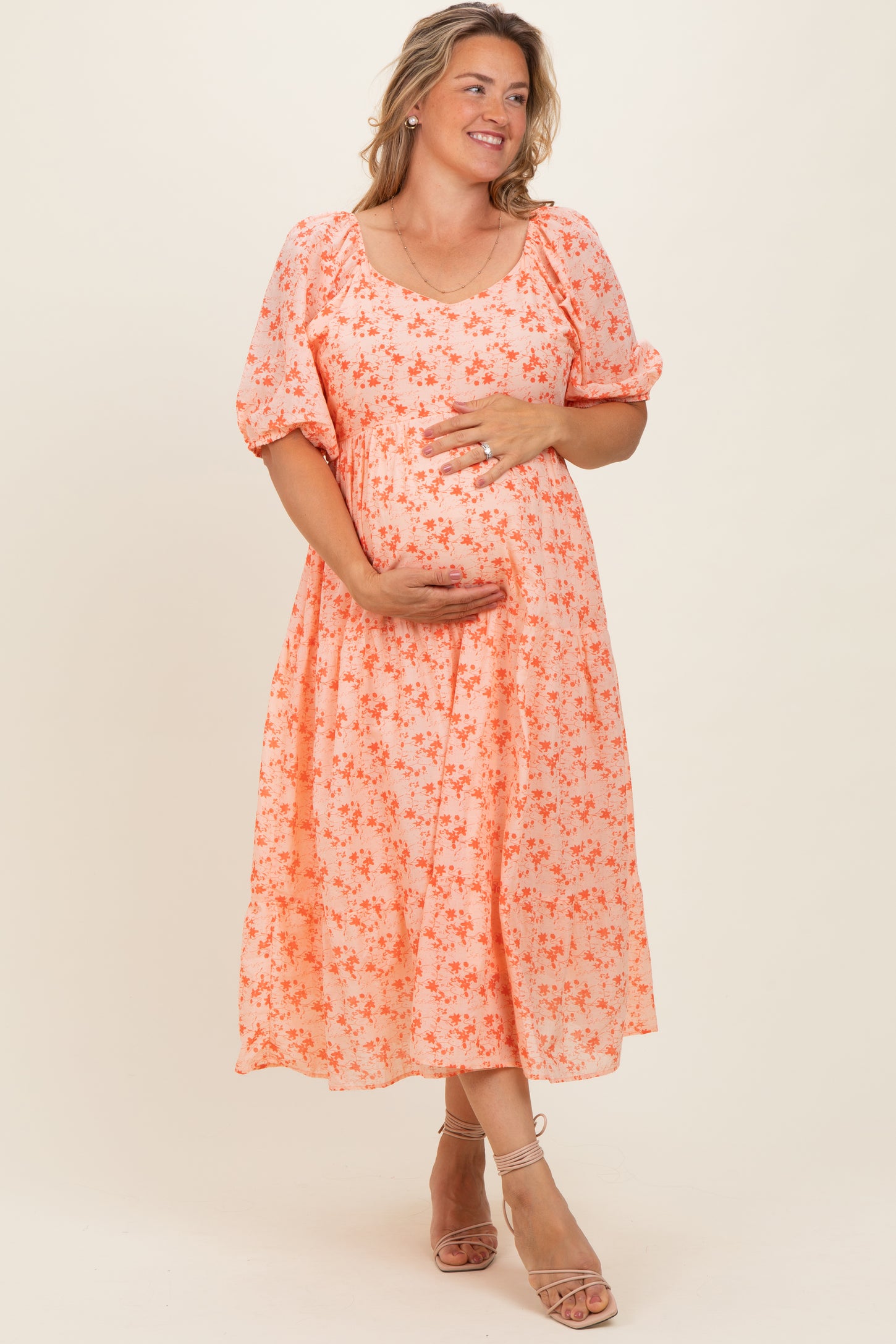 Red Floral V-Neck Tiered Maternity Plus Midi Dress