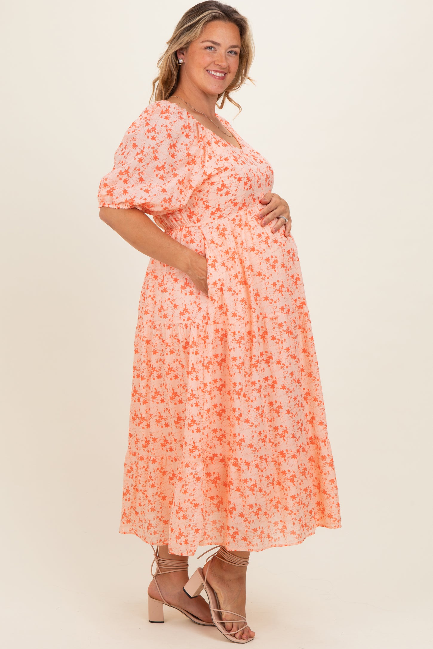 Red Floral V-Neck Tiered Maternity Plus Midi Dress