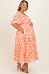 Red Floral V-Neck Tiered Maternity Plus Midi Dress