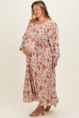 Cream Floral Square Neck Front Tie Maternity Plus Midi Dress