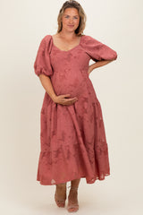 Mauve Floral Textured Tiered Midi Maternity Plus Dress