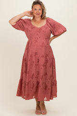 Mauve Floral Textured Tiered Midi Maternity Plus Dress
