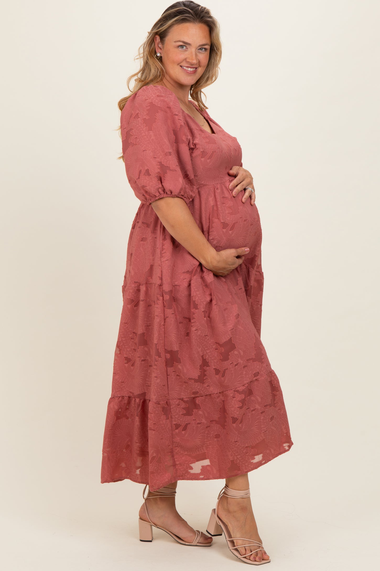 Mauve Floral Textured Tiered Midi Maternity Plus Dress