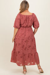 Mauve Floral Textured Tiered Midi Maternity Plus Dress