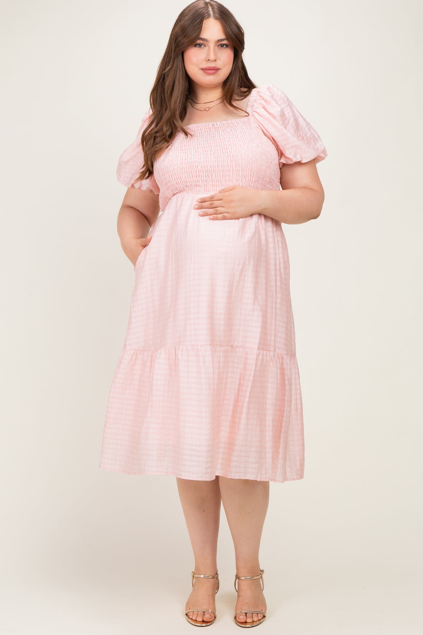 Blush Textured Woven Smocked Maternity Plus Maxi Dress