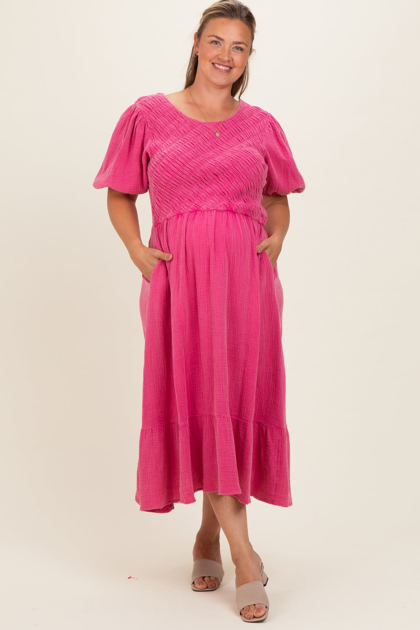 Pink Washed Gauze Smocked Maternity Plus Midi Dress