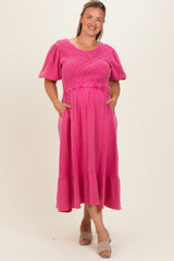 Pink Washed Gauze Smocked Maternity Plus Midi Dress