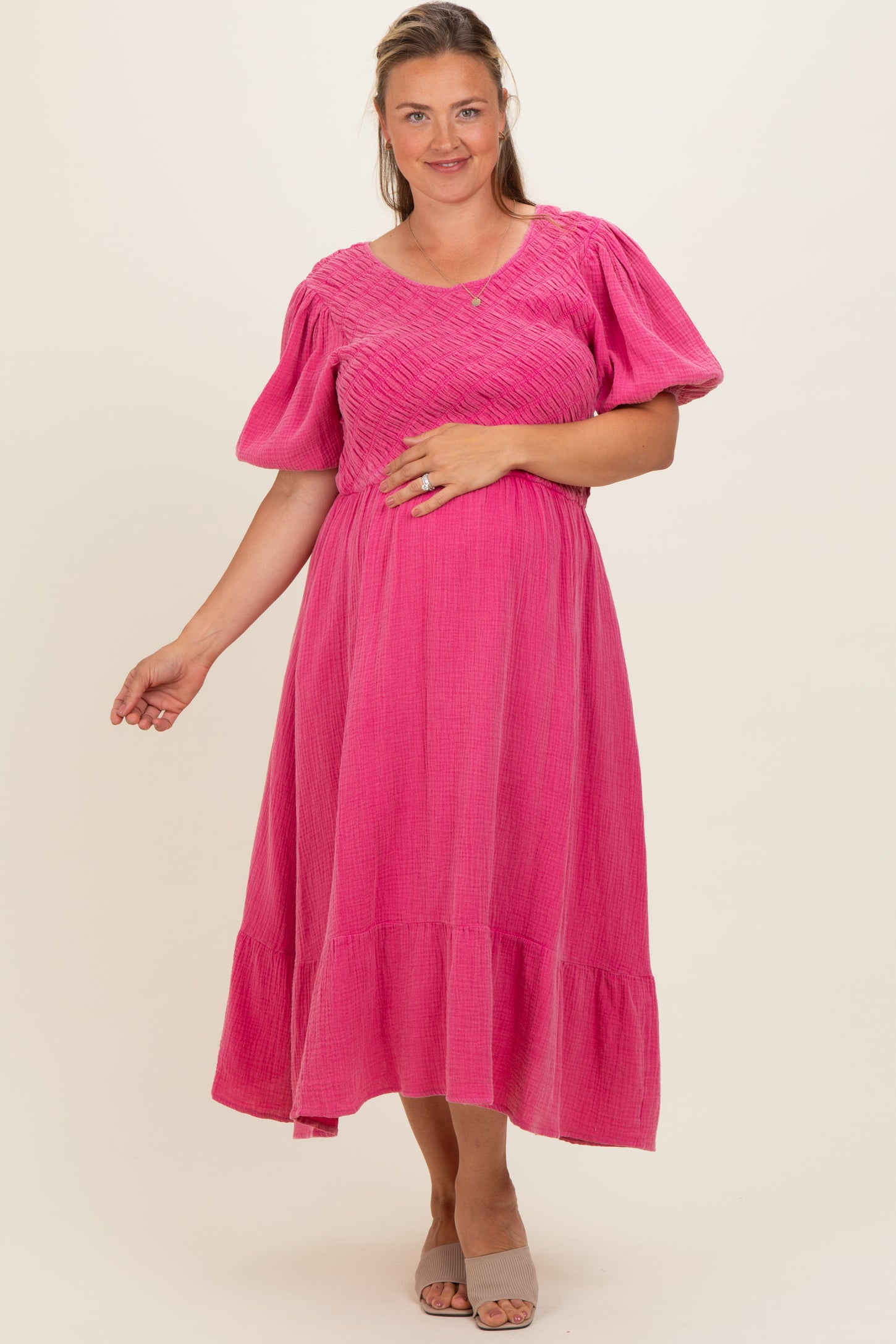 Pink Washed Gauze Smocked Maternity Plus Midi Dress