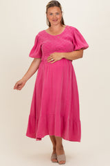 Pink Washed Gauze Smocked Maternity Plus Midi Dress
