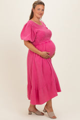 Pink Washed Gauze Smocked Maternity Plus Midi Dress