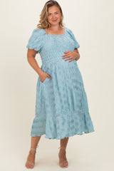 Dusty Blue Textured Woven Maternity Plus Maxi Dress
