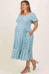 Dusty Blue Textured Woven Maternity Plus Maxi Dress