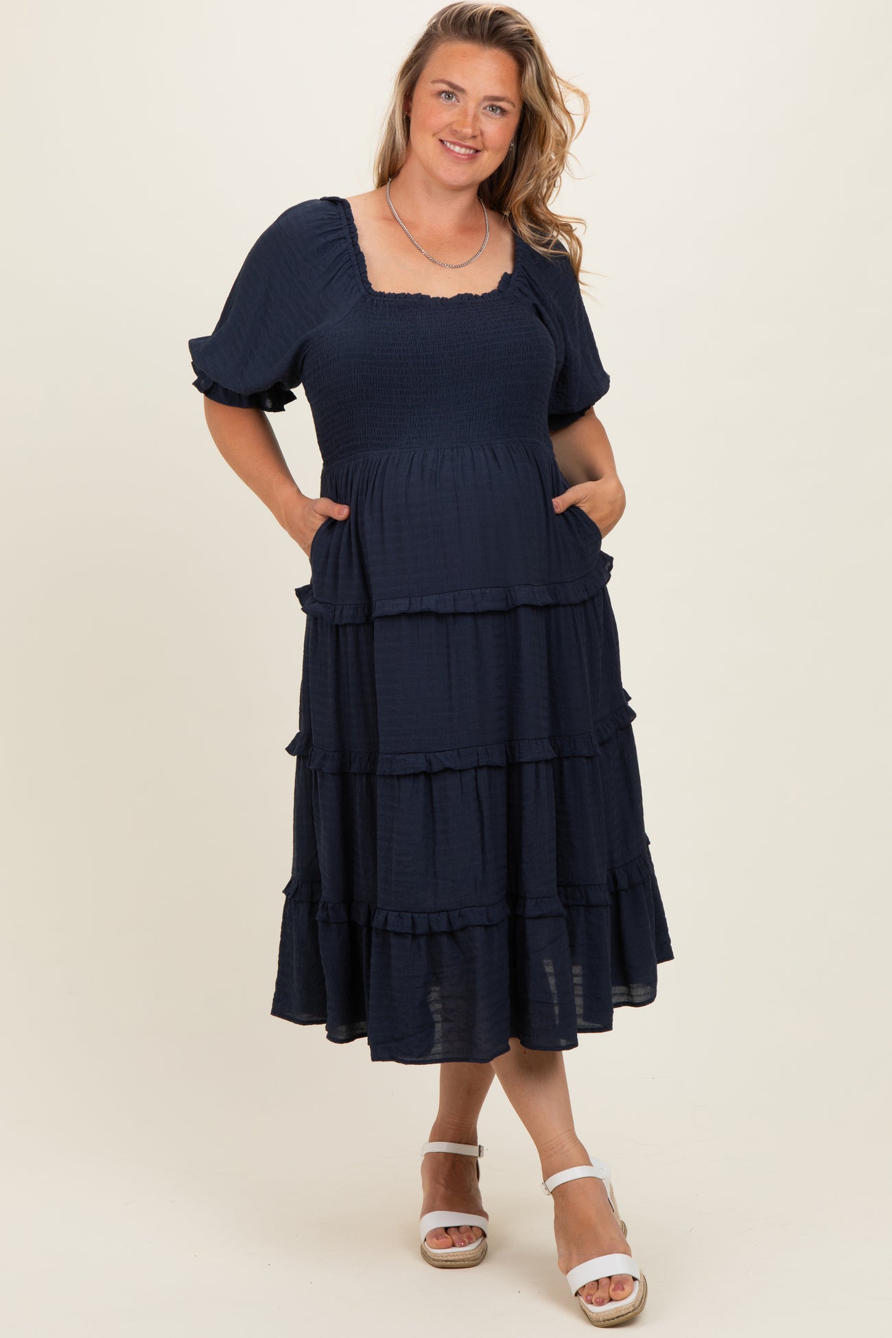 Navy Ruffle Tiered Maternity Plus Midi Dress