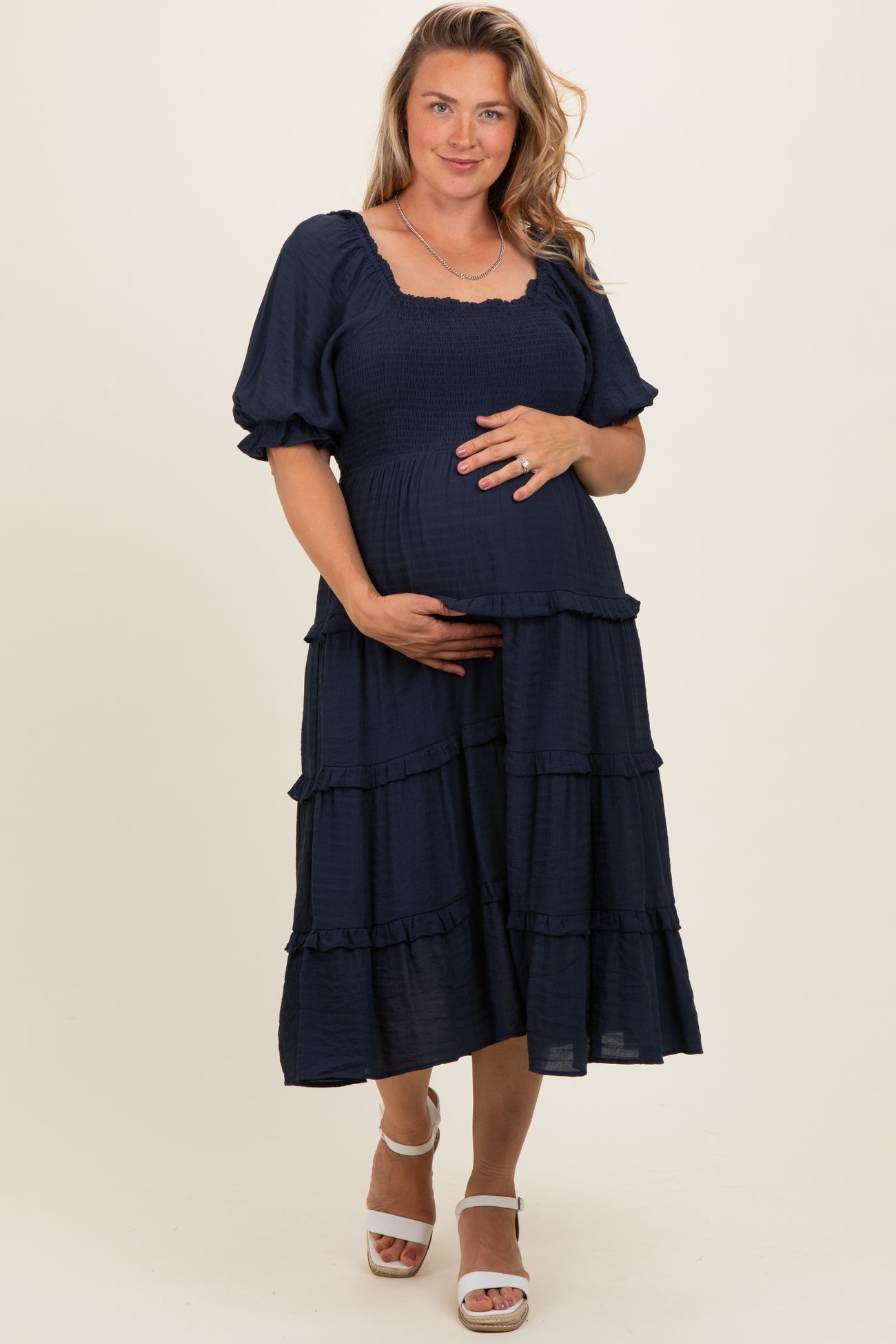Navy Ruffle Tiered Maternity Plus Midi Dress