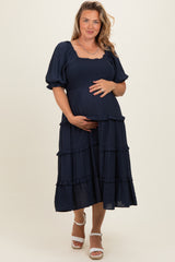 Navy Ruffle Tiered Maternity Plus Midi Dress
