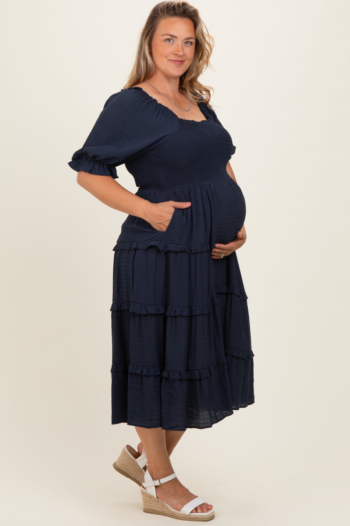 Navy Ruffle Tiered Maternity Plus Midi Dress