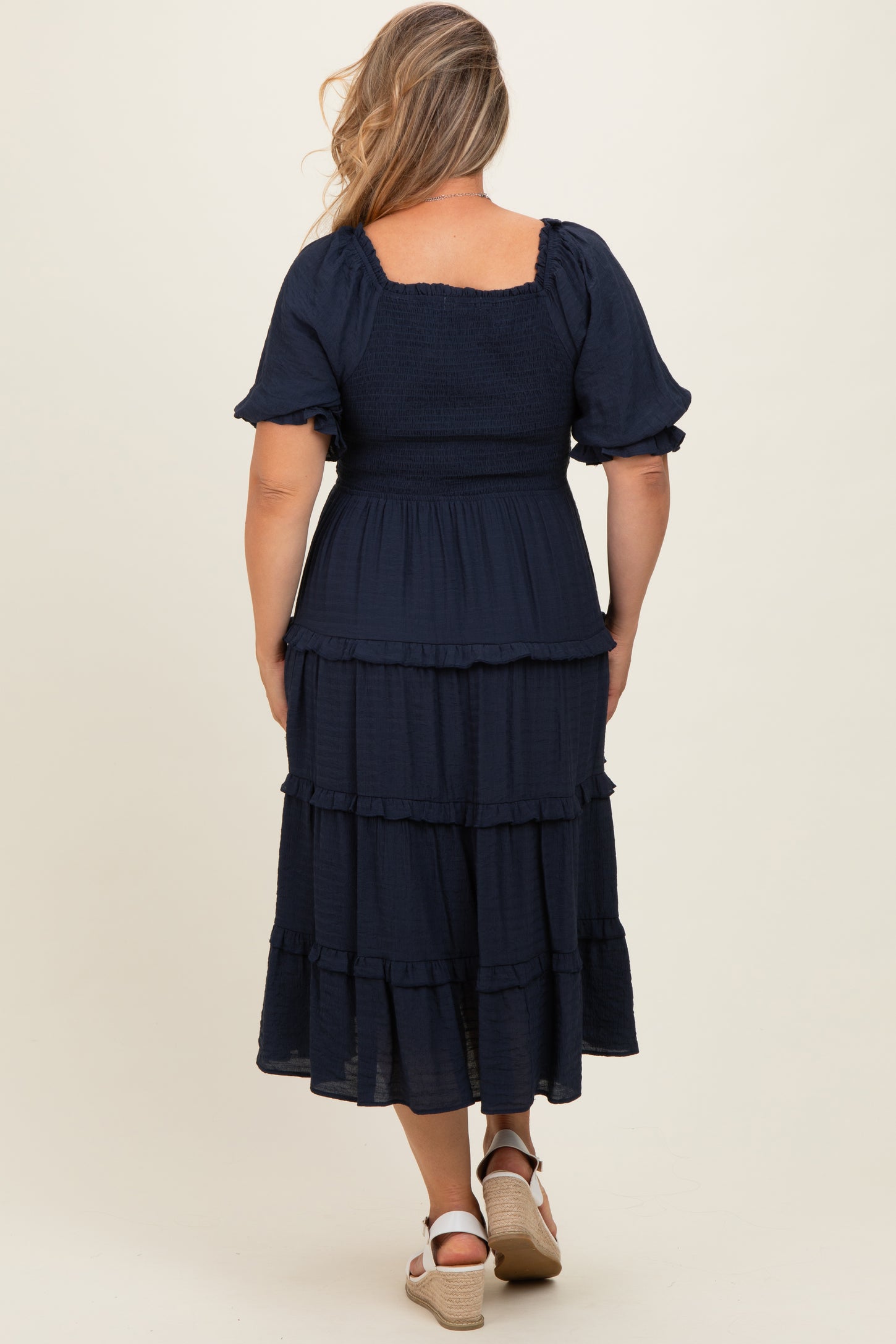Navy Ruffle Tiered Maternity Plus Midi Dress