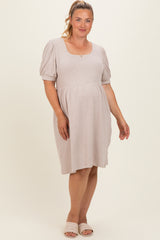 Beige Ribbed Knit Maternity Plus Midi Dress