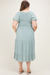 Sage Embroidered Ruffle Accent Maternity Plus Midi Dress