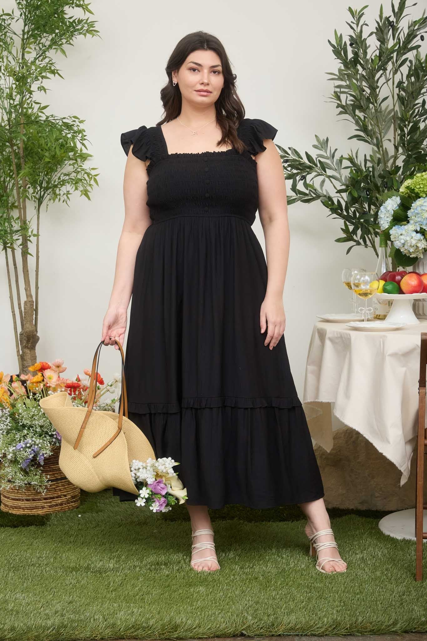 Black Button Accent Smocked Maternity Plus Midi Dress