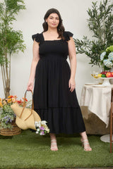 Black Button Accent Smocked Maternity Plus Midi Dress