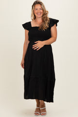 Black Button Accent Smocked Maternity Plus Midi Dress