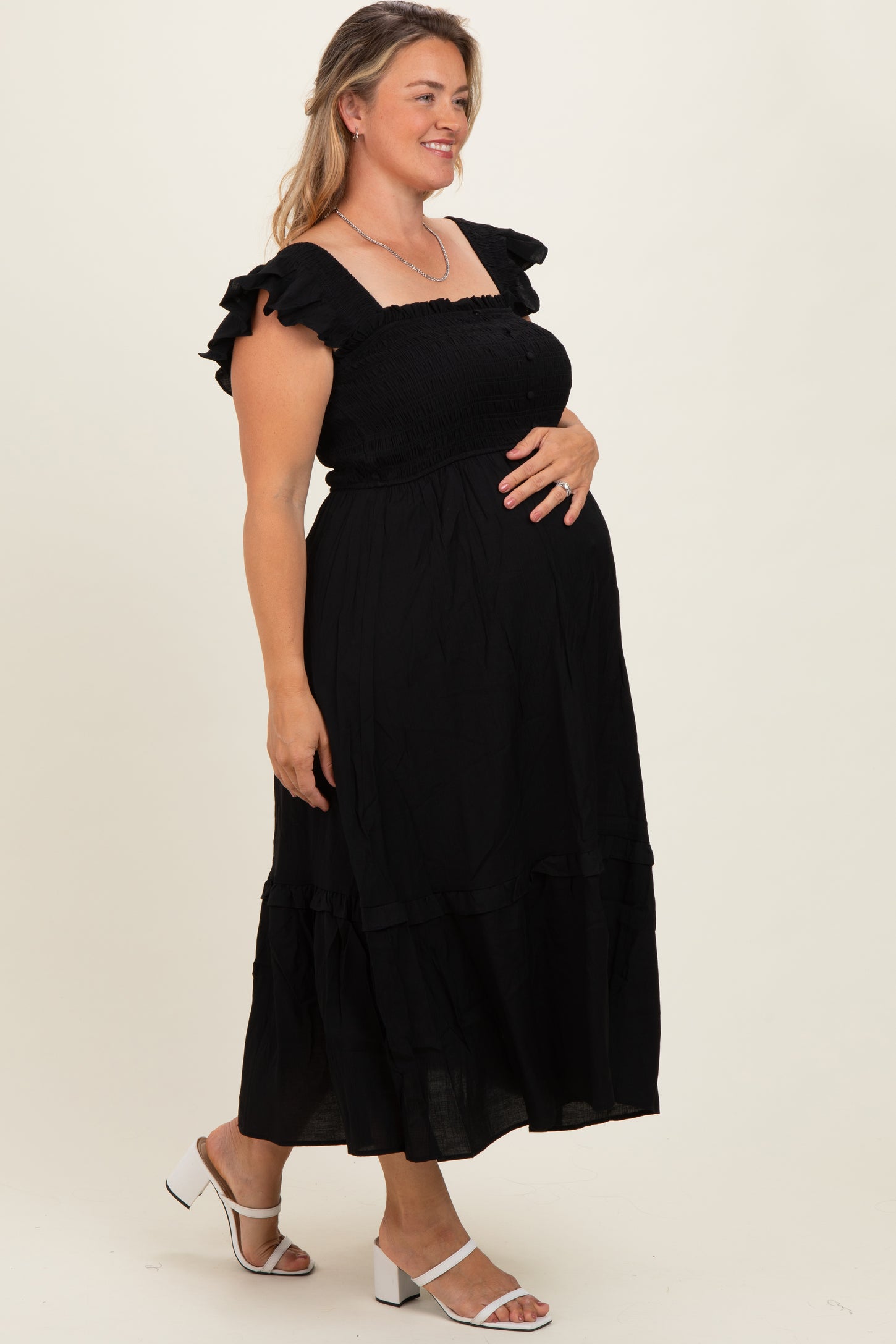 Black Button Accent Smocked Maternity Plus Midi Dress