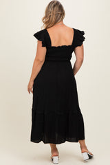 Black Button Accent Smocked Maternity Plus Midi Dress
