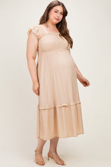 Khaki Button Accent Smocked Maternity Plus Midi Dress