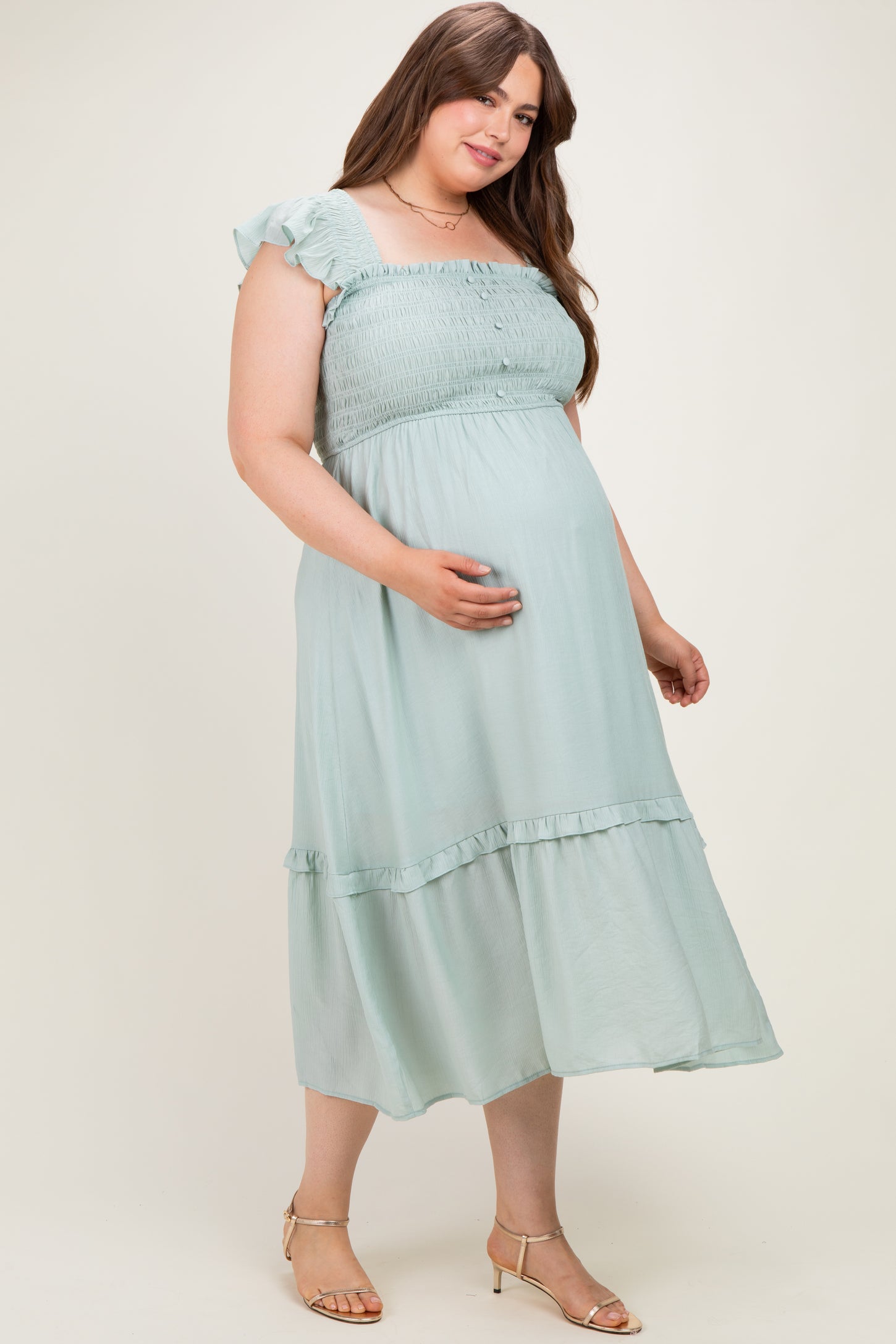 Mint Button Accent Smocked Maternity Plus Midi Dress