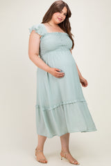 Mint Button Accent Smocked Maternity Plus Midi Dress