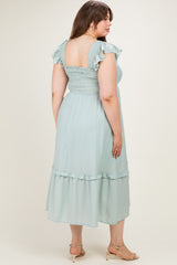 Mint Button Accent Smocked Maternity Plus Midi Dress
