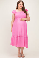 Pink Button Accent Smocked Maternity Plus Midi Dress