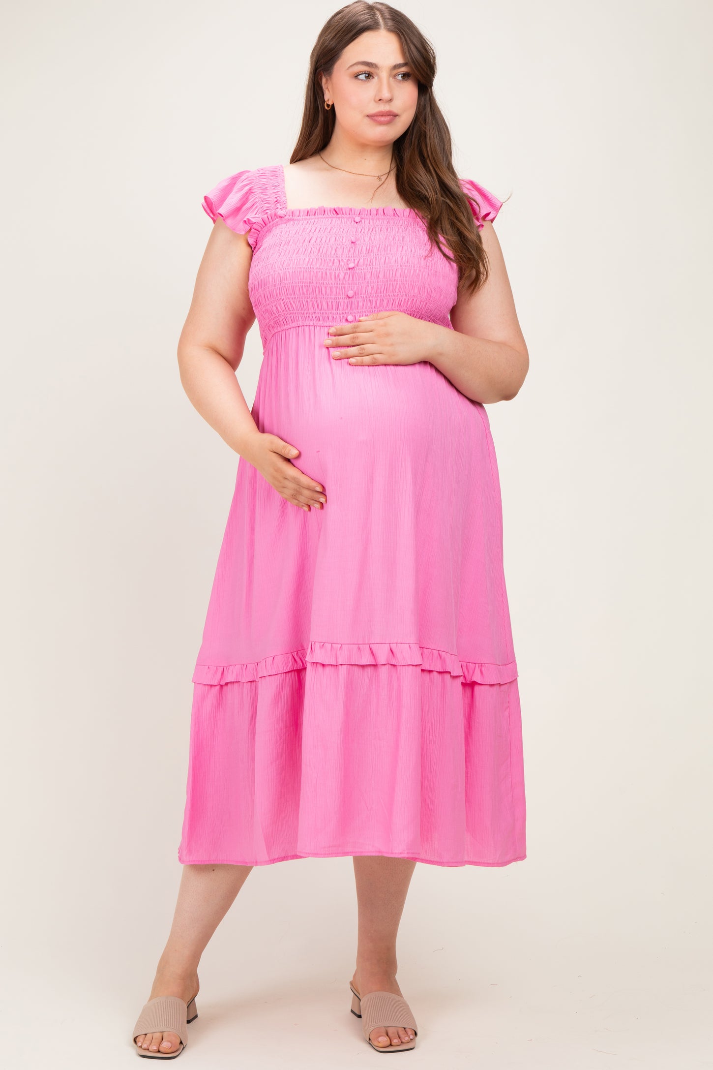 Pink Button Accent Smocked Maternity Plus Midi Dress
