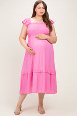 Pink Button Accent Smocked Maternity Plus Midi Dress