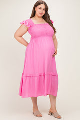 Pink Button Accent Smocked Maternity Plus Midi Dress
