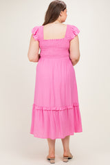 Pink Button Accent Smocked Maternity Plus Midi Dress