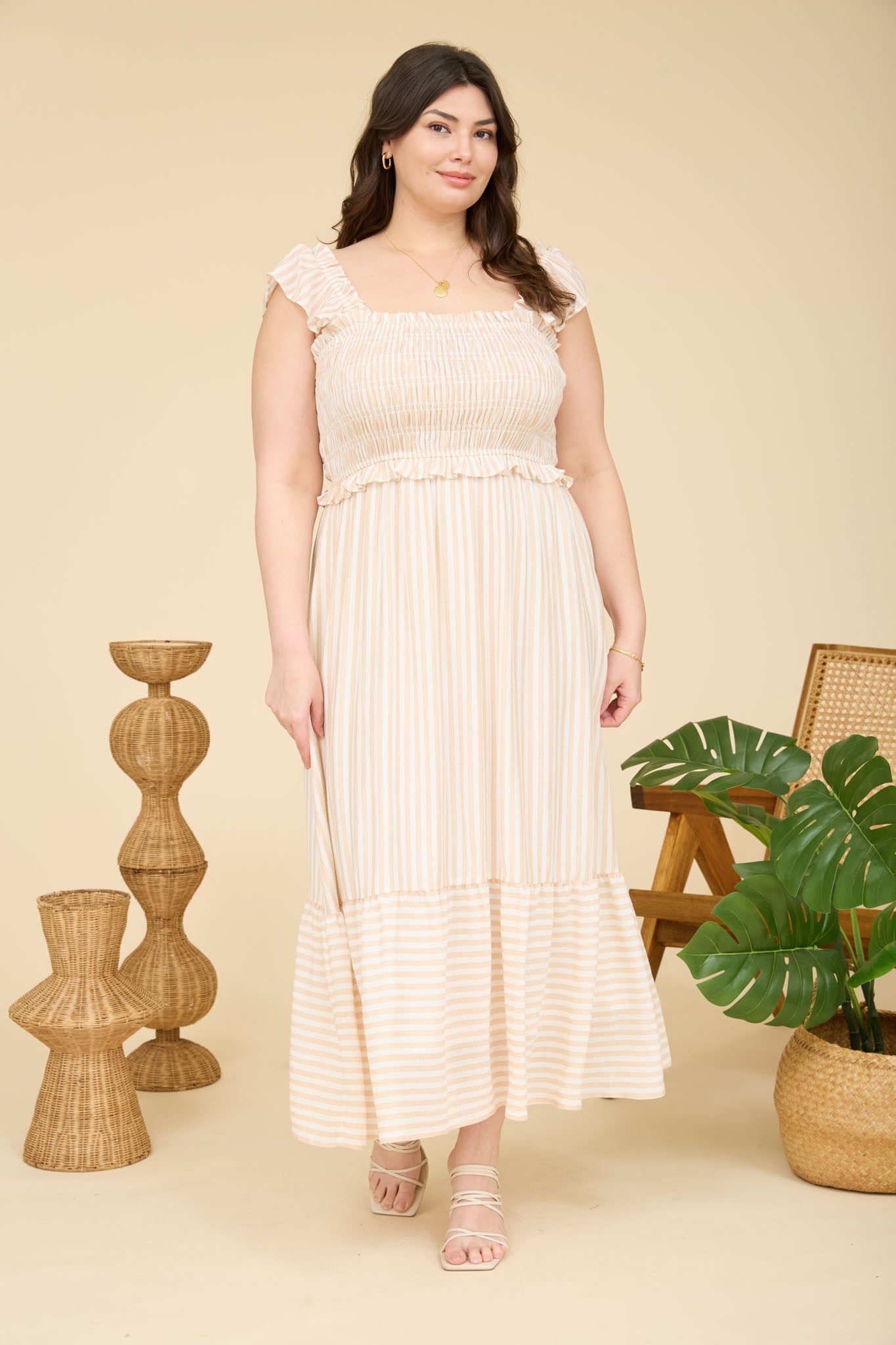 Light Khaki Striped Smocked Plus Midi Dress