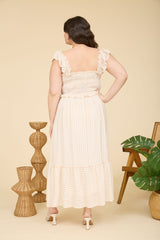 Light Khaki Striped Smocked Plus Midi Dress
