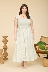 Light Olive Striped Smocked Plus Midi Dress