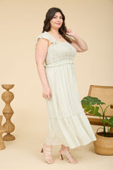 Light Olive Striped Smocked Plus Midi Dress