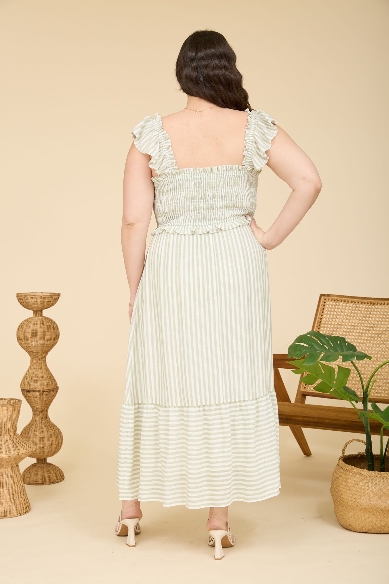 Light Olive Striped Smocked Plus Midi Dress