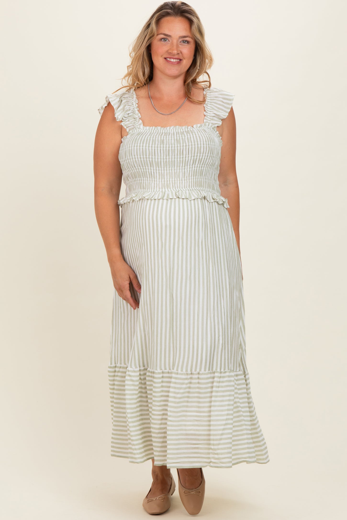 Light Olive Striped Smocked Maternity Plus Midi Dress